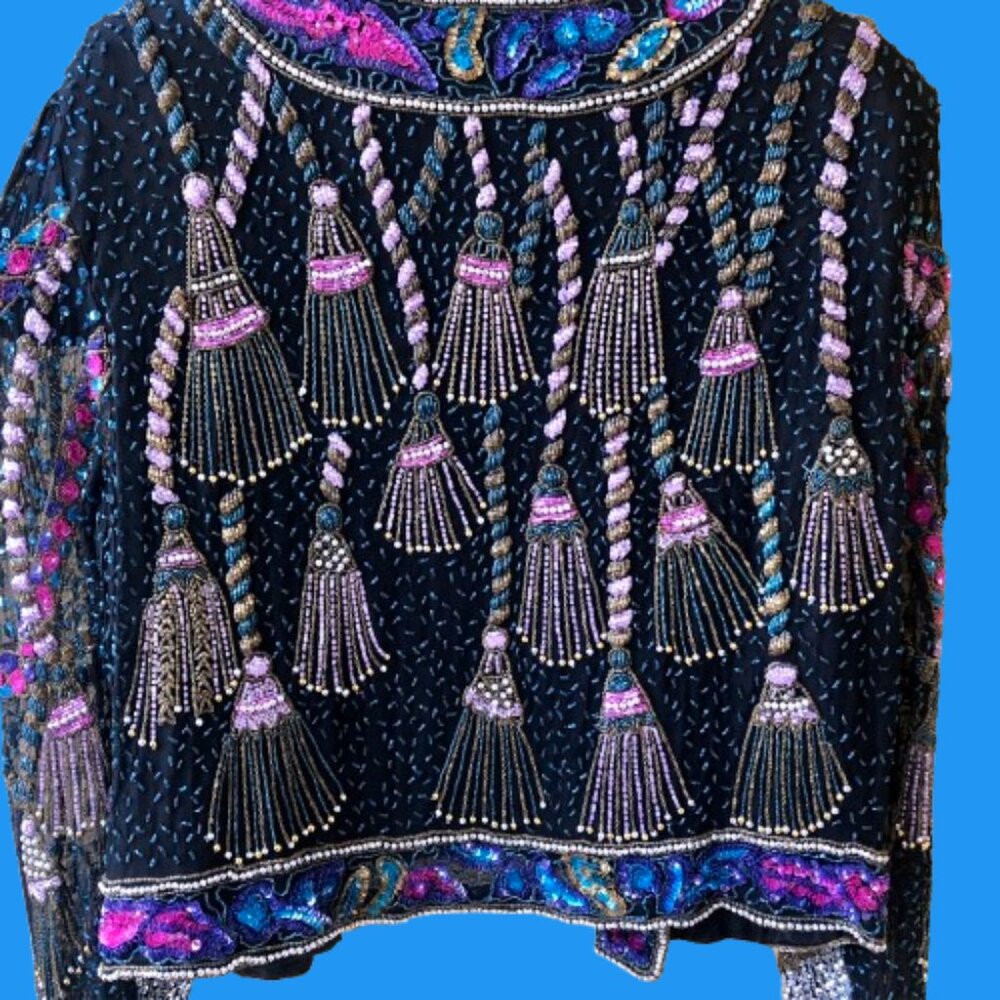 Vintage SweeLo Multi-Color Beaded Sequins Silk Jacket Womens size Large (10-12) - Picture 11 of 16